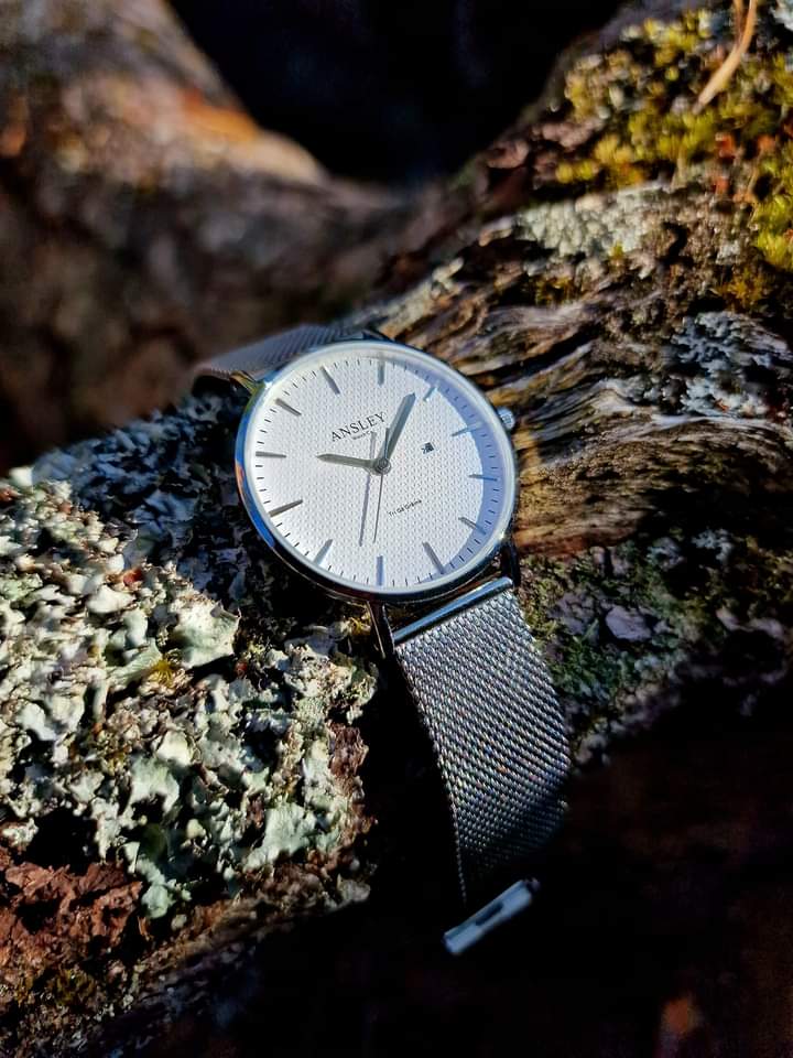 Silver mesh Ansley watch in forest Handcrafted luxury watch by Ansley featuring minimalist design and durable stainless steel mesh band.